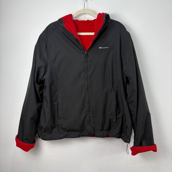 Vintage Champion Black Red Reversible Hooded Jacket Fleece Lining Zip-Up Large - Picture 1 of 9